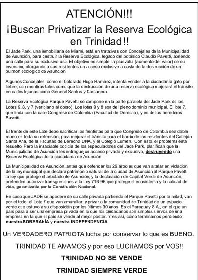 Vecinos del Parque Pavetti: “Mario miente”