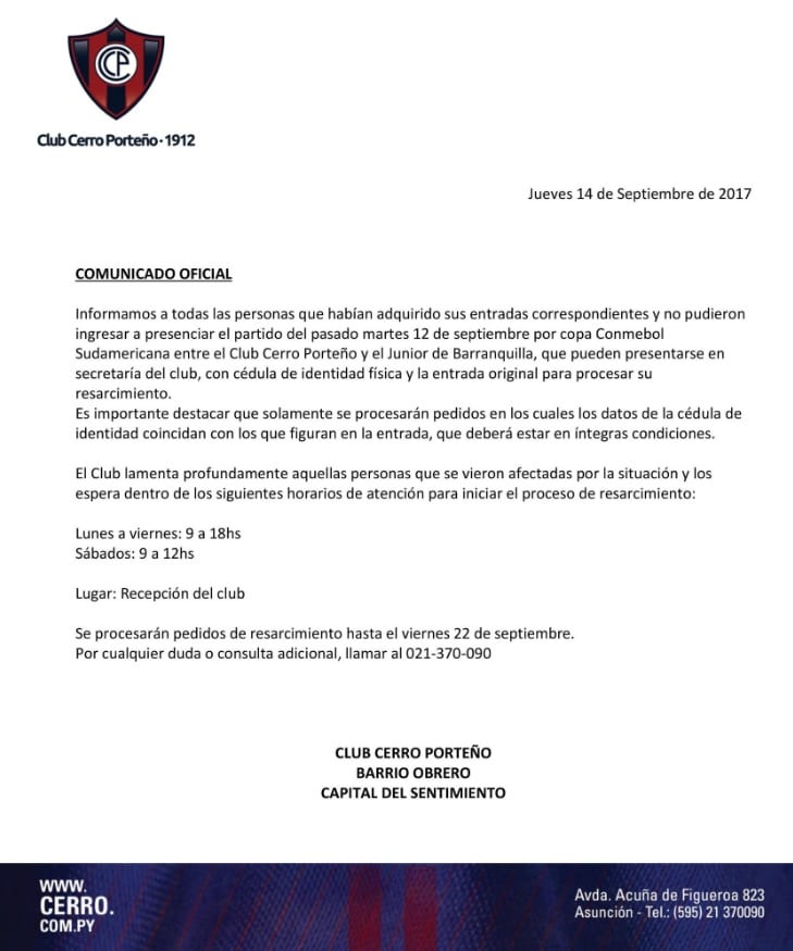 Cerro devuelve importe de entradas