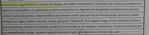 Suspenden a Richard Ortiz por cuatro partidos y filtran sus insultos al árbitro