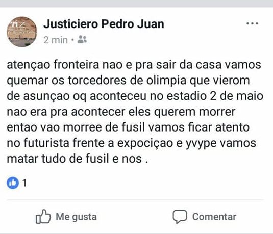 Hinchas de Olimpia, bajo amenaza en Pedro Juan