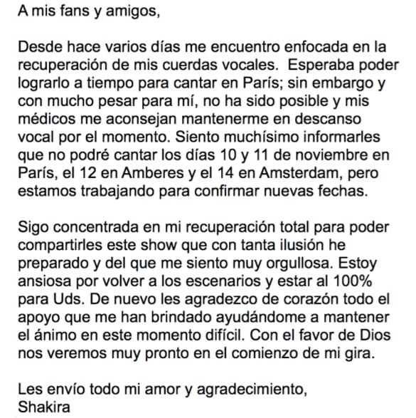 Shakira suspende conciertos por motivos de salud