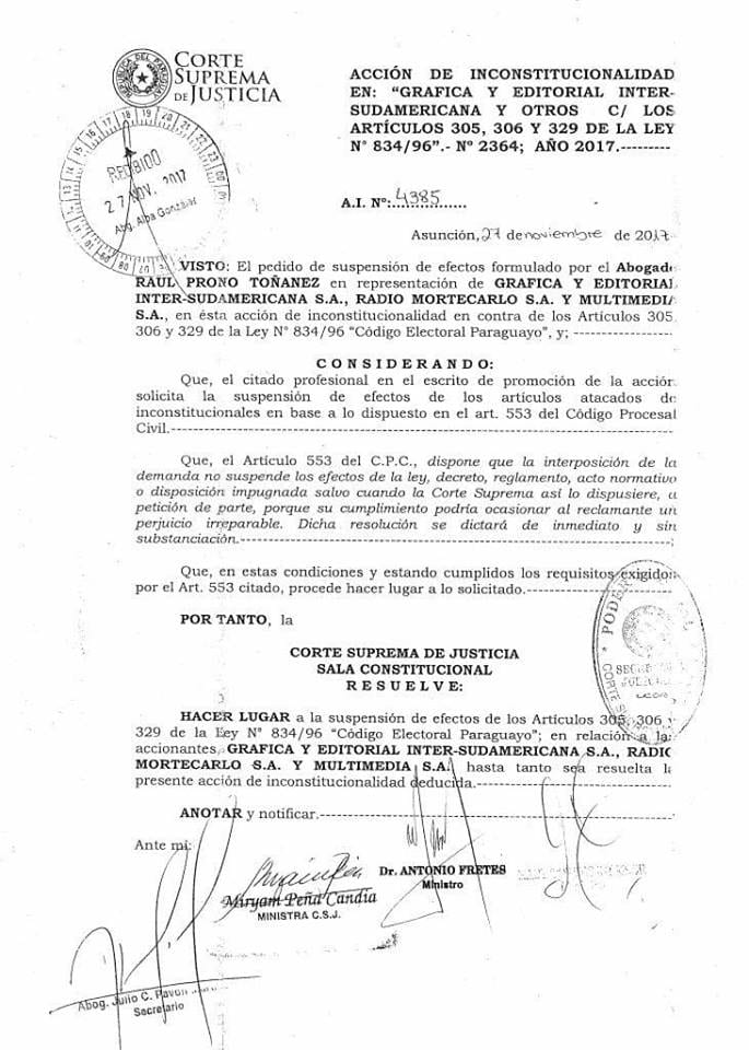 Grupo Cartes consigue suspender ley para revelar boca de urna durante comicios