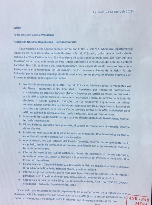Piden informe a la ANR sobre uso de recursos