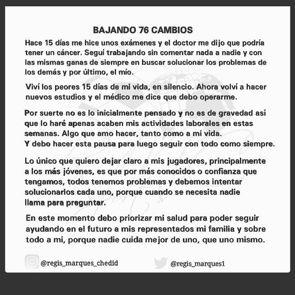 Conocido representante de futbolistas revela problemas de salud