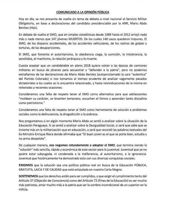 Protestan contra el servicio militar frente al PC de Marito