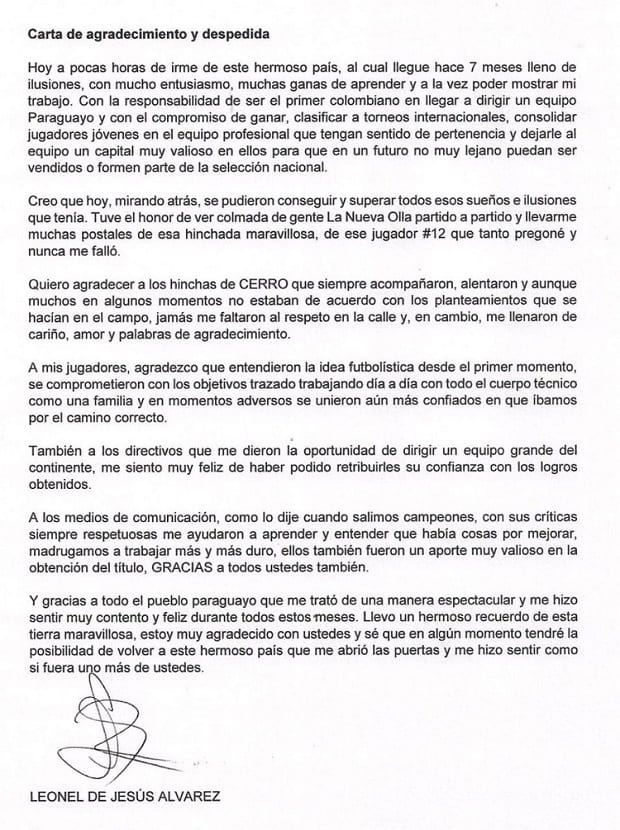 Leonel Álvarez se despide del pueblo azulgrana con una carta