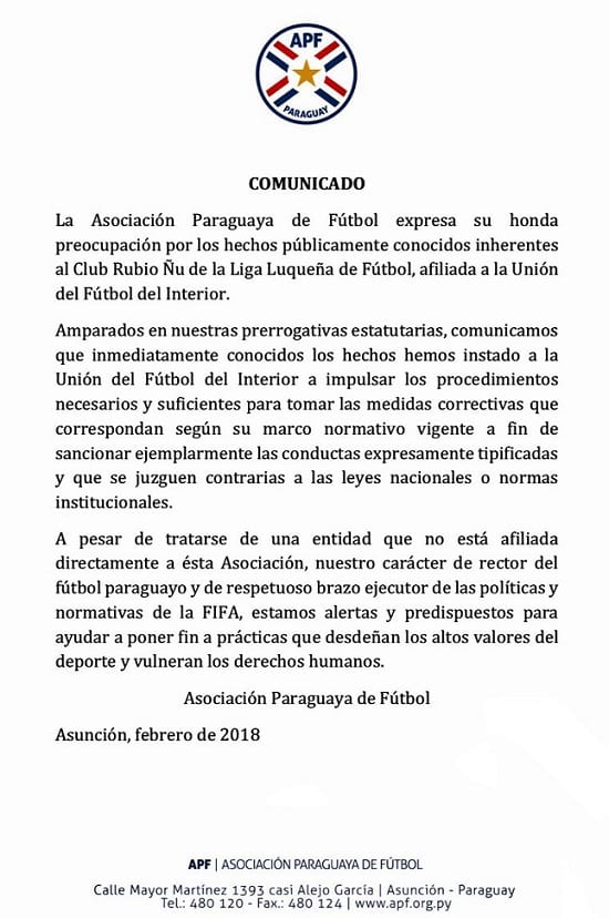 La APF se pronuncia sobre escándalo en Rubio Ñu de Luque