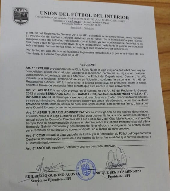 Fuerte sanción para Rubio Ñu de Luque y futbolista