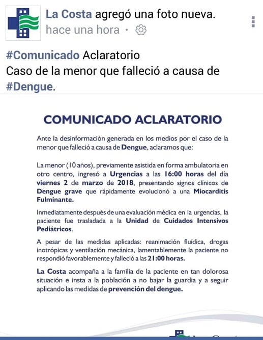 Aclaran que muerte de niña es «caso probable de dengue»