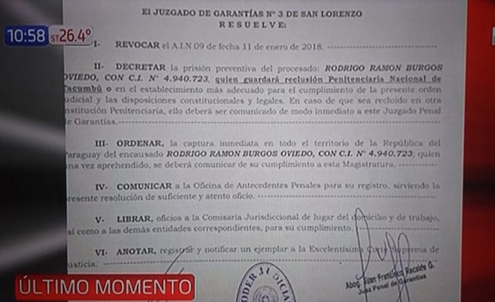 Rodrigo Burgos será recluido en Tacumbú