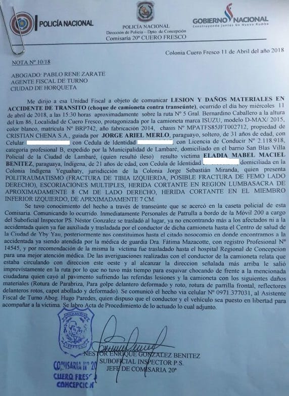 Accidente con derivación fatal en Cuero Fresco