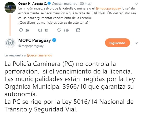 MOPC aclara que se controla vencimiento y no perforación de registros