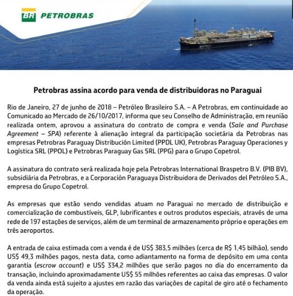 Copetrol adquiere operación de Petrobras en Paraguay