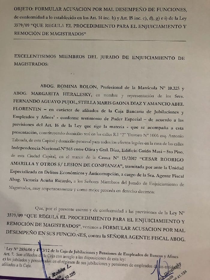 Caja Bancaria: Jubilados denuncian a Victoria Acuña ante el Jurado