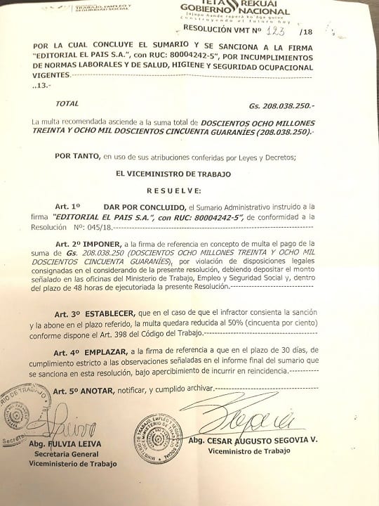 Sindicato de periodistas resalta multa a importante diario