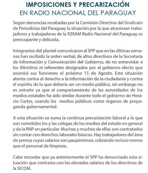 Sindicato de Periodistas denuncia censura en Radio Nacional