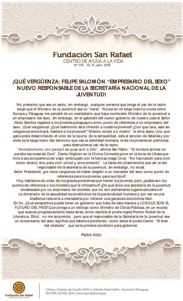 Un “empresario del sexo” será ministro, lamenta el padre Trento