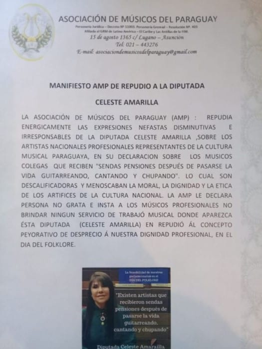 Músicos declaran persona no grata a diputada que los trató de ebrios