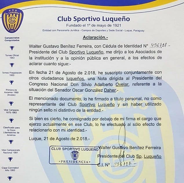 Presidente de Luqueño apoya a González Daher a título personal, asegura