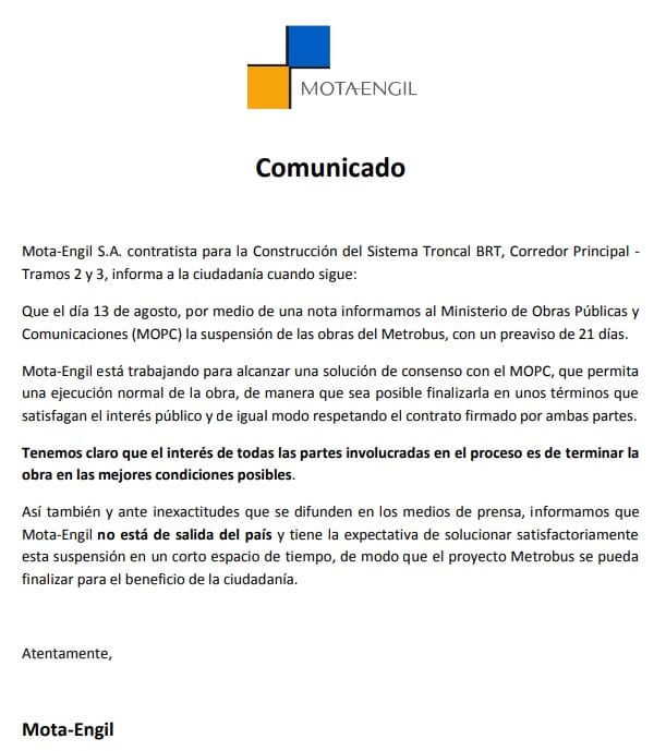 Mota Engil asegura que desea solucionar suspensión y finalizar obras