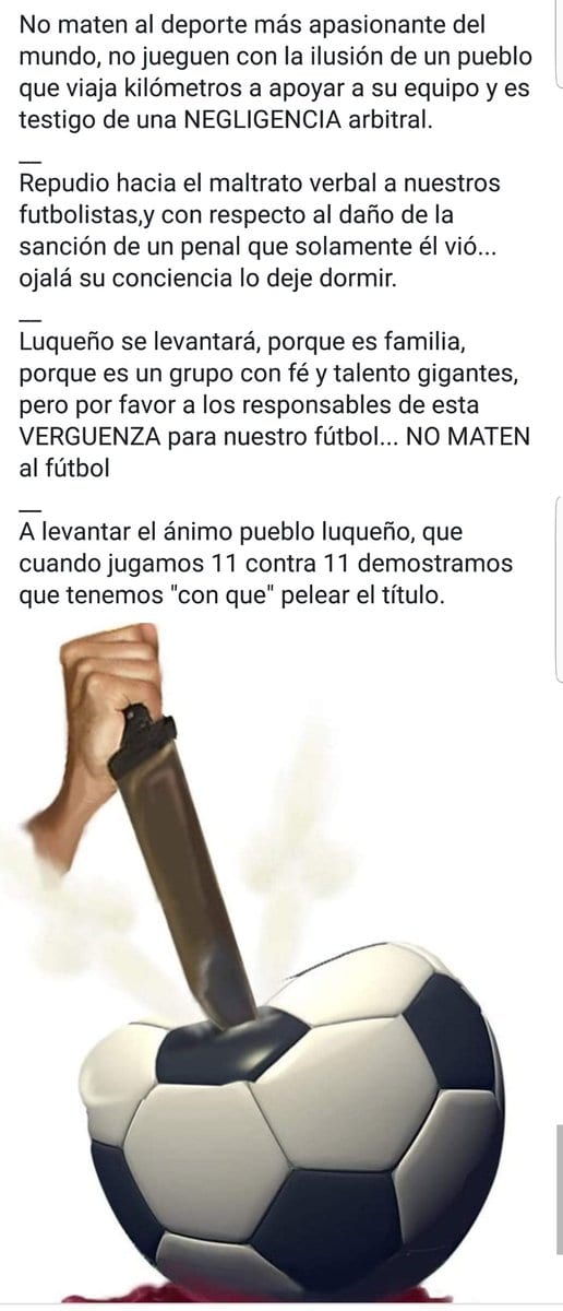 “No maten al fútbol”: Luqueño protesta contra arbitraje