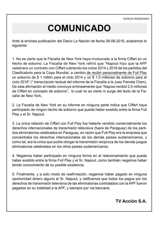 Grupo Vierci retruca a medio cartista sobre versión de pago de coima a Napout