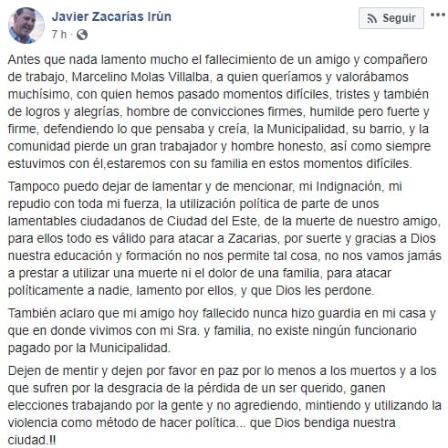 Funcionario muere luego de hacer guardia en casa de Zacarías Irún, según denuncia