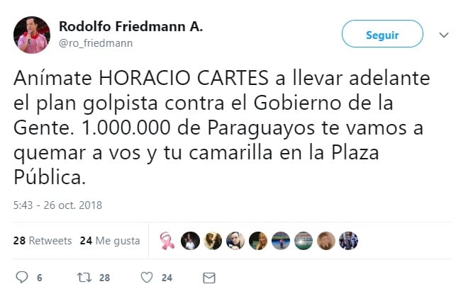 Senador denuncia plan de golpe y amenaza a Cartes