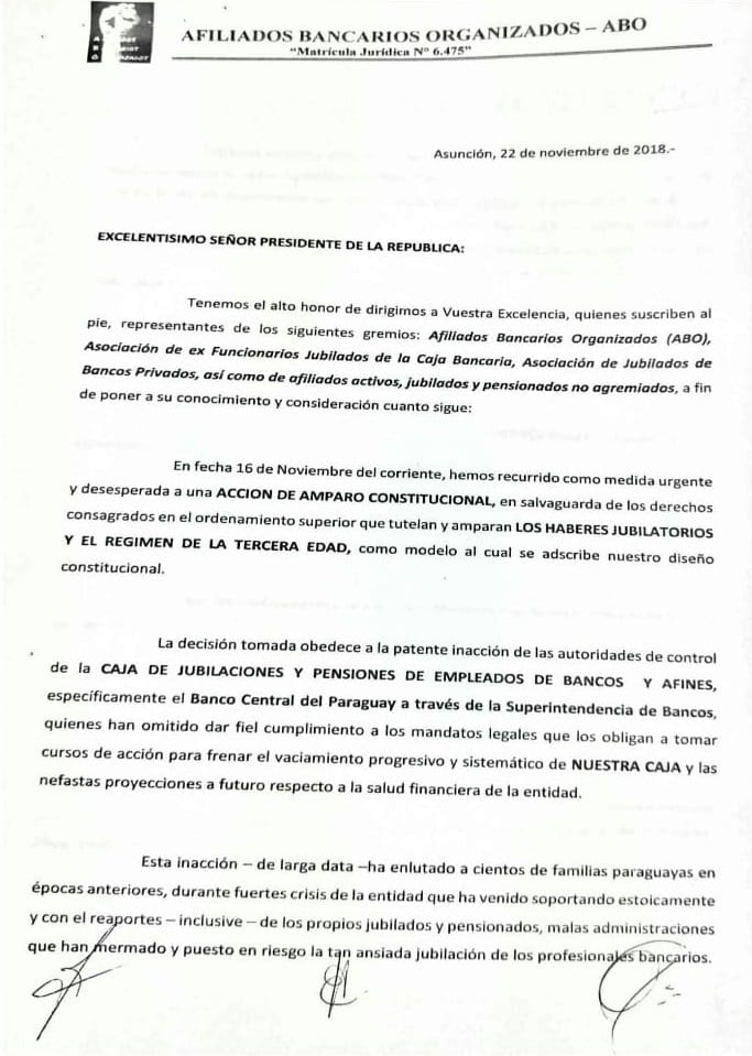 Jubilados bancarios recurren a Abdo Benítez para apurar intervención
