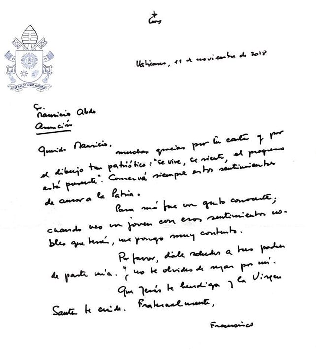 Papa Francisco remite emotiva carta a hijo de Abdo Benítez