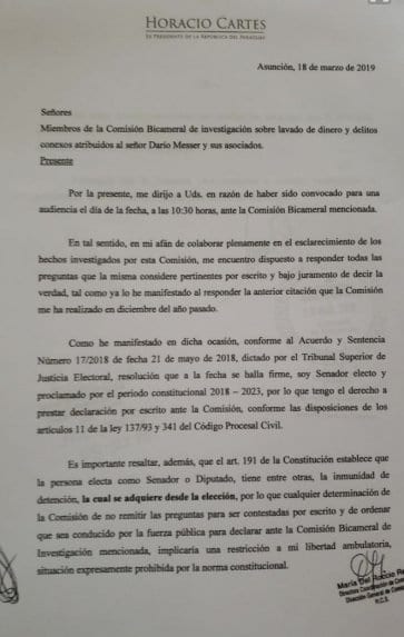 Caso Messer: Cartes no se presenta a declarar y alega inmunidad