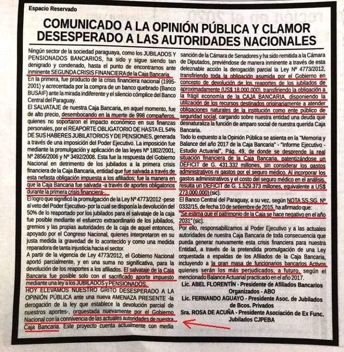 Jubilados advierten crítica situación de la Caja Bancaria