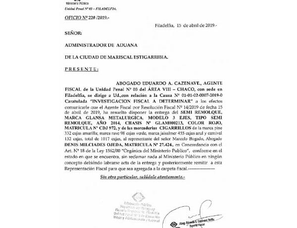 Fiscal devuelve carga de cigarrillos retenidos con despachos falsos