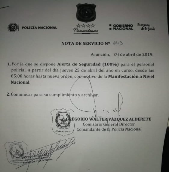 Policía emite alerta de máxima seguridad por manifestación de este jueves