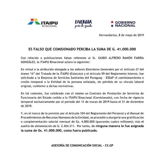 Itaipú niega salario exorbitante de cuñado de consejero