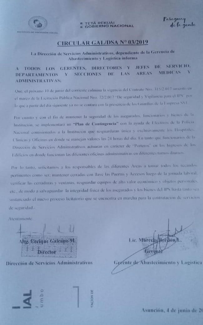Empresa de licitación suspendida se retira de IPS y policía dará cobertura