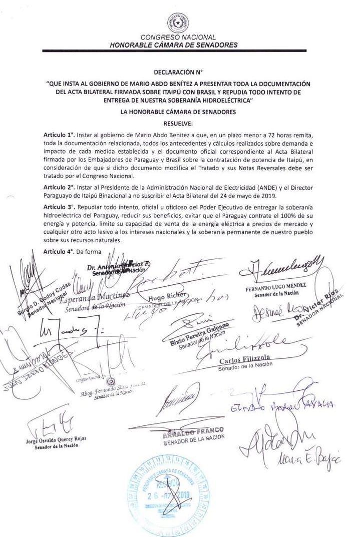 Senado “aprieta” al Ejecutivo y exige no firmar acuerdo