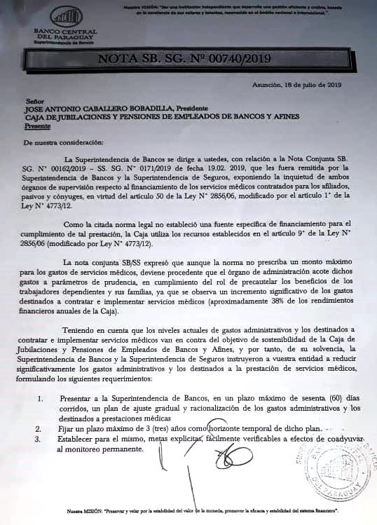 BCP notifica a la Caja Bancaria sobre inminente sumario administrativo