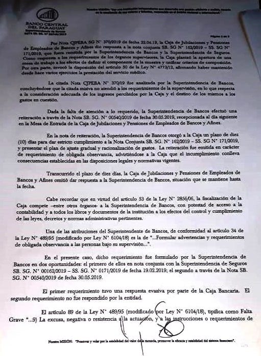 BCP notifica a la Caja Bancaria sobre inminente sumario administrativo