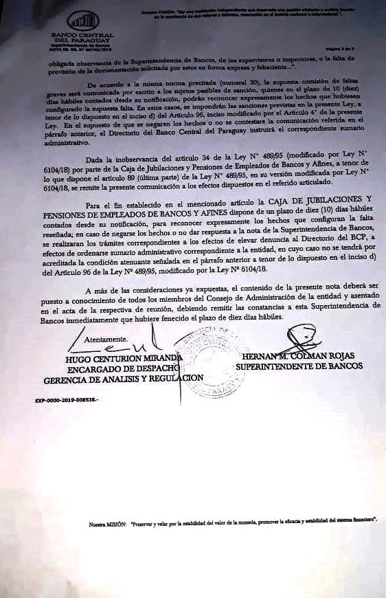 BCP notifica a la Caja Bancaria sobre inminente sumario administrativo