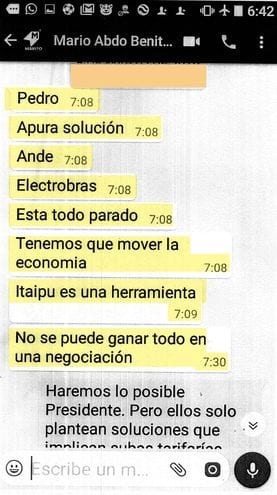 Chats revelan que Abdo Benítez exigió firmar acuerdo energético