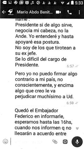 Chats revelan que Abdo Benítez exigió firmar acuerdo energético