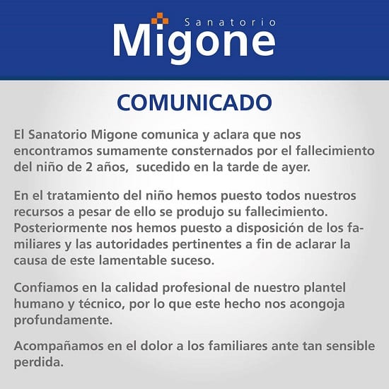 Sanatorio emite comunicado ante muerte de niño