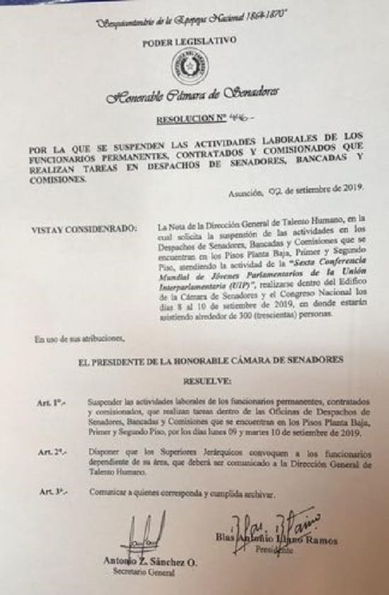 Funcionarios del Senado no trabajarán dos días