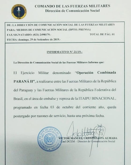 Suspenden simulacro de ocupación militar en Itaipú