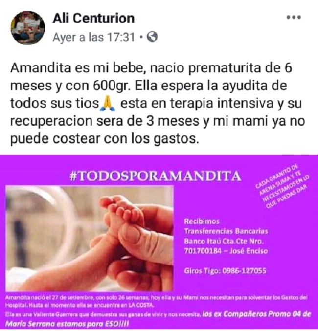 Madre de bebé en terapia apela a la solidaridad