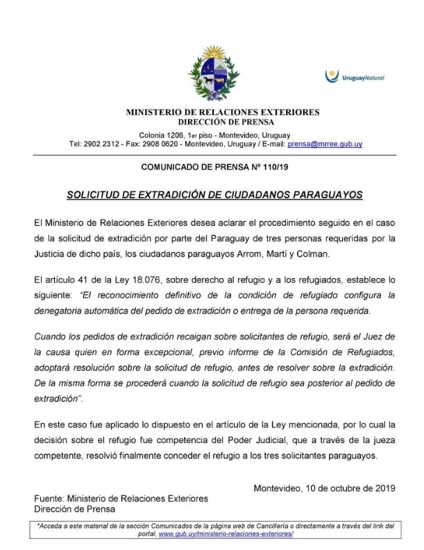 Canciller uruguayo responsabiliza a la justicia
