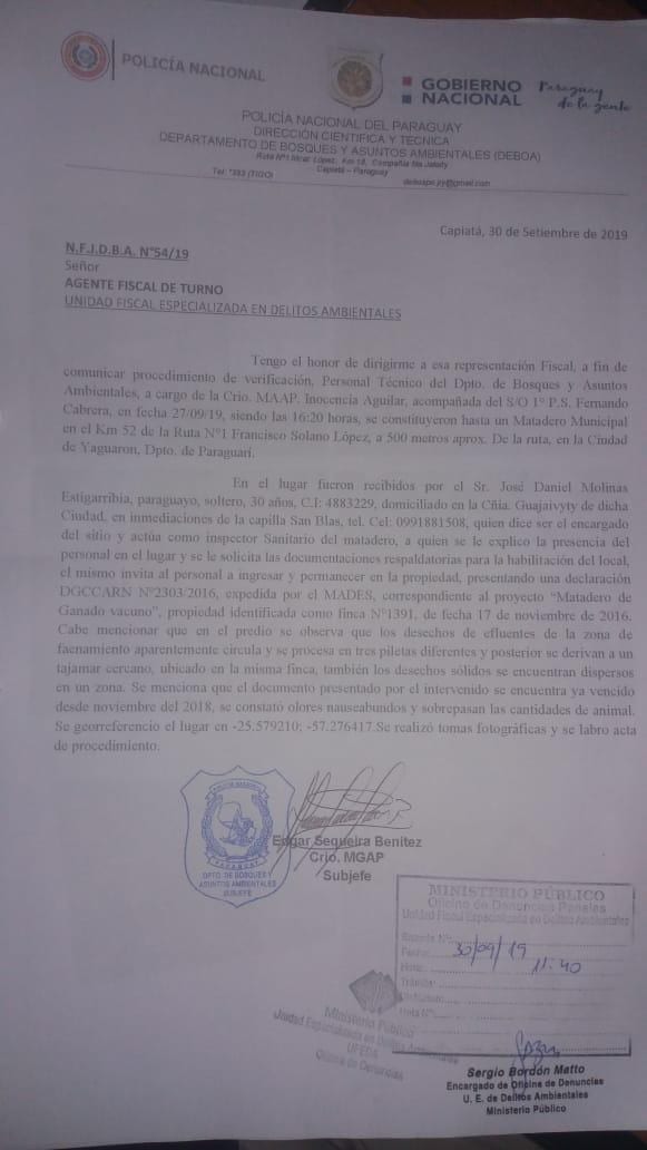 Constatan que matadero de Yaguarón lanza desechos a tajamar