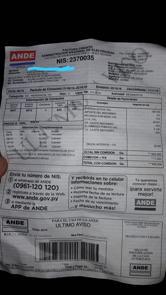 ANDE facturó G. 443.000 por consumo de heladera y ventilador