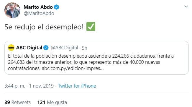 Abdo Benítez “celebra” reducción del desempleo